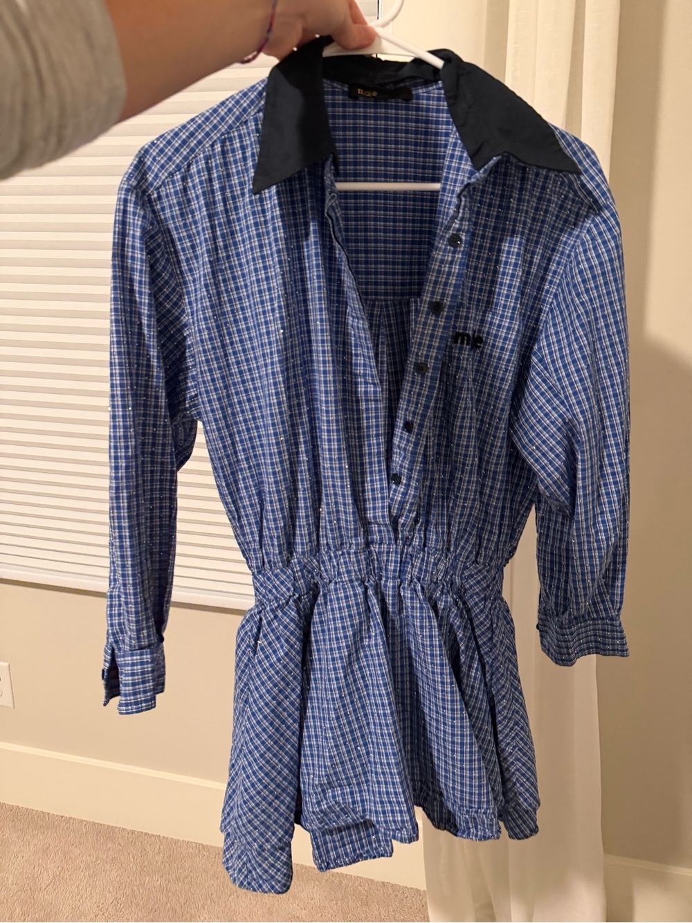 Maje Blue Plaid Button-Down Shirt with Black Collar